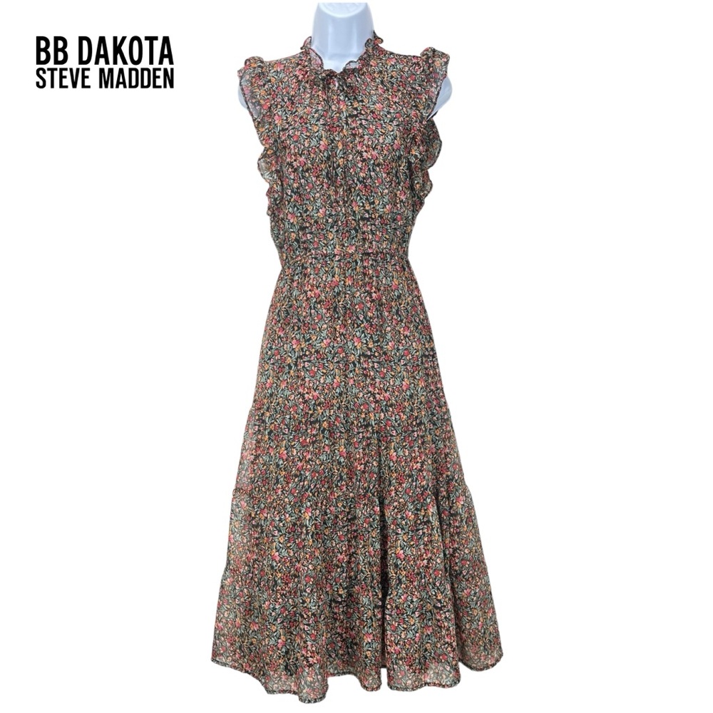 BB Dakota by Steve Madden Women XS Darcy Chiffon Floral Maxi‎ Tiered Dress